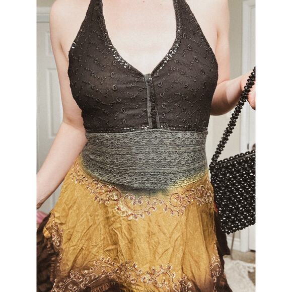 Fairy Fairycore Embroidered Handkerchief Smocked Bodice Halter Dress Mini Vneck - Picture 3 of 10